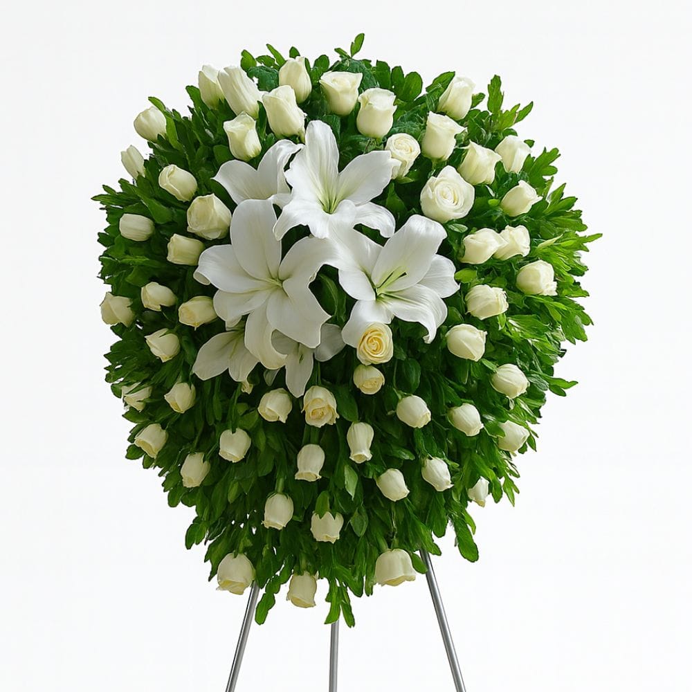 Corona para Funeral con 50 Rosas y CasaBlanca en tripie 1 coronas para funeral